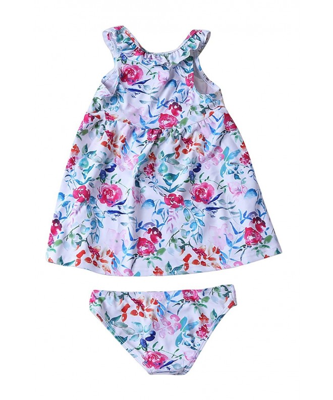 Summer Floral Pattern Ruffle Neckline Toddler Girls Swim Dress with ...