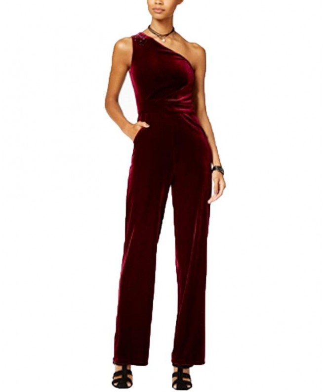 one shoulder velvet jumpsuit