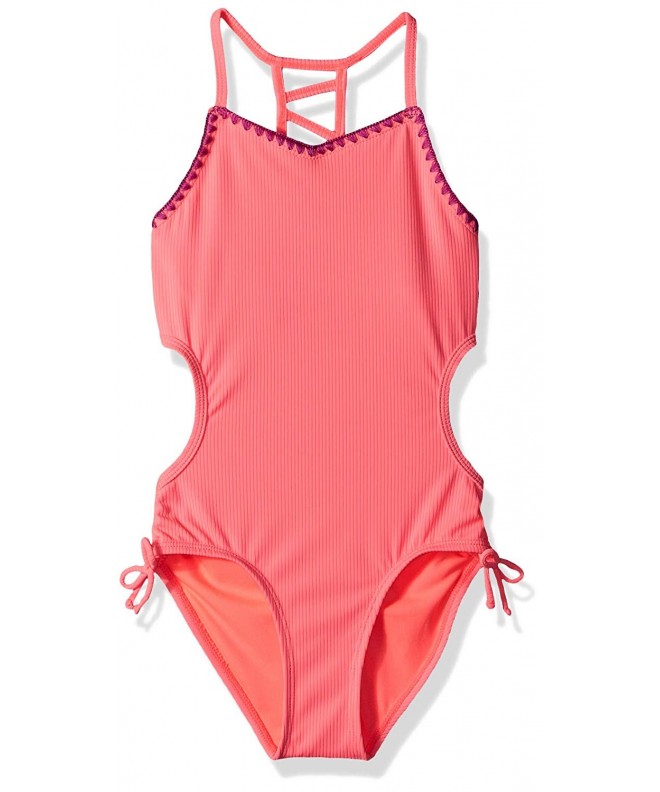 Big Girls' One Piece Swimsuit with Rib - Coral Rib - C518KGLG248