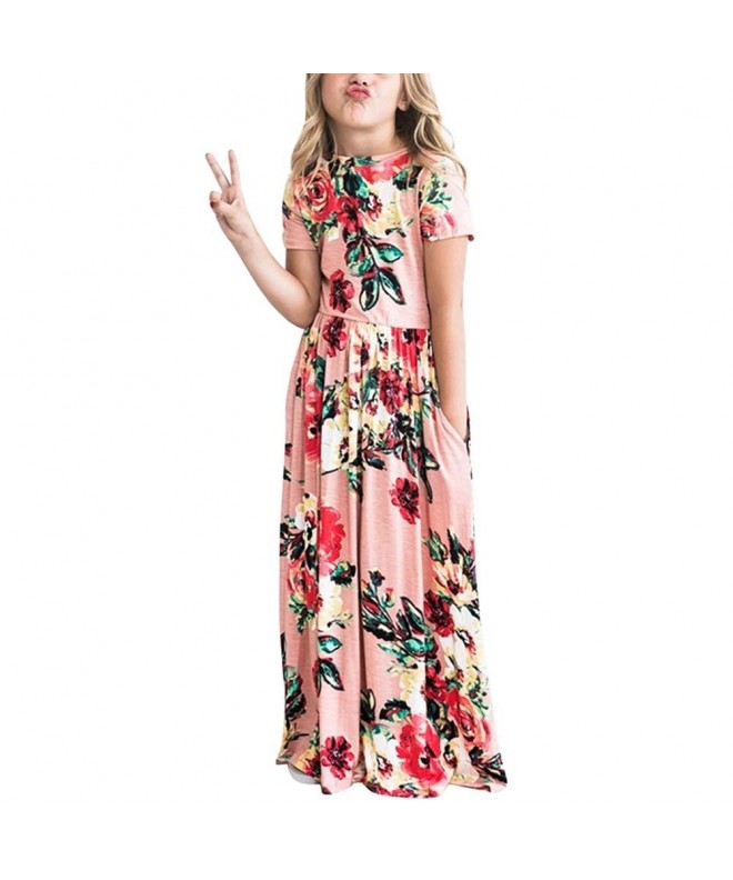 Girls Long Dress Summer Dress Floral Printed Short Sleeve Maxi Casual ...