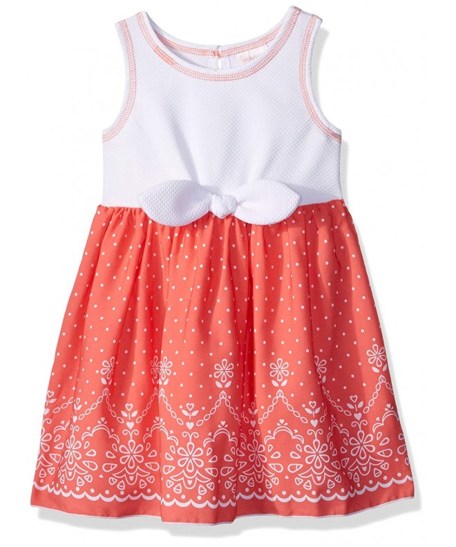 Girls' Knit to Woven Tie Front Dress with Floral Border - White/Coral ...