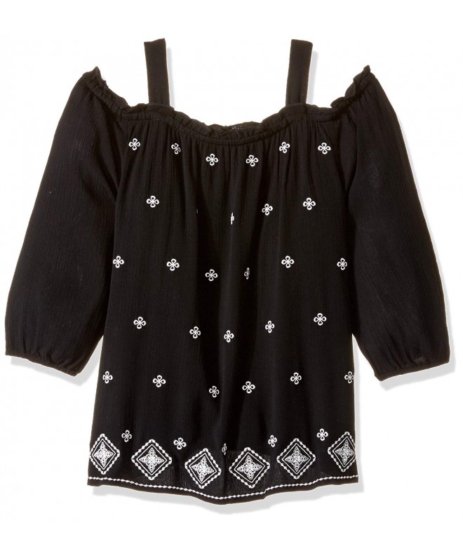 Girls' Big Long Sleeve Cold Shoulder Top with Embroidery - Black ...
