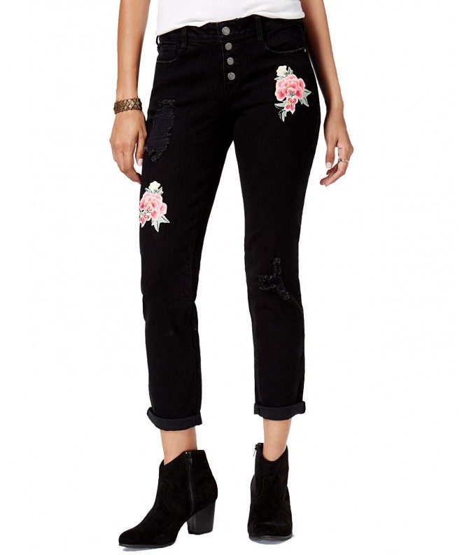 Juniors' Jamie Ripped Embroidered Relaxed Fit Girlfriend Jeans - Black ...