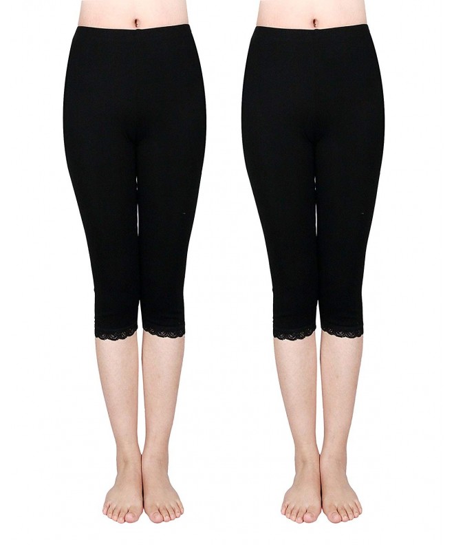 2 Pack Cotton Girls Leggings Capri with Lace Trim Pant Size 6-16 -  Black/Black - CE18D2WMKXG