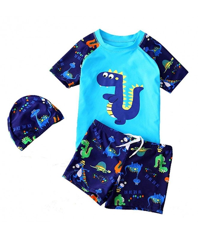 Toddler Baby Boys Short Sleeve Sun Protection Dinosaur Swimsuit Three Piece Kids Little Boys Rash Guard Round Neck Swimwear