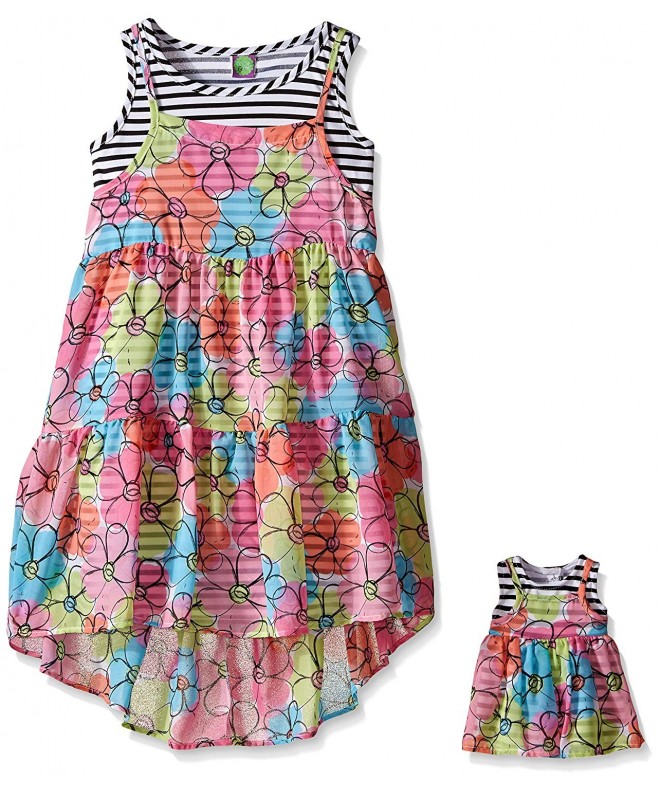 Big Girls' Sleeveless Knit Stripe Dress with Floral Printed Overlay ...